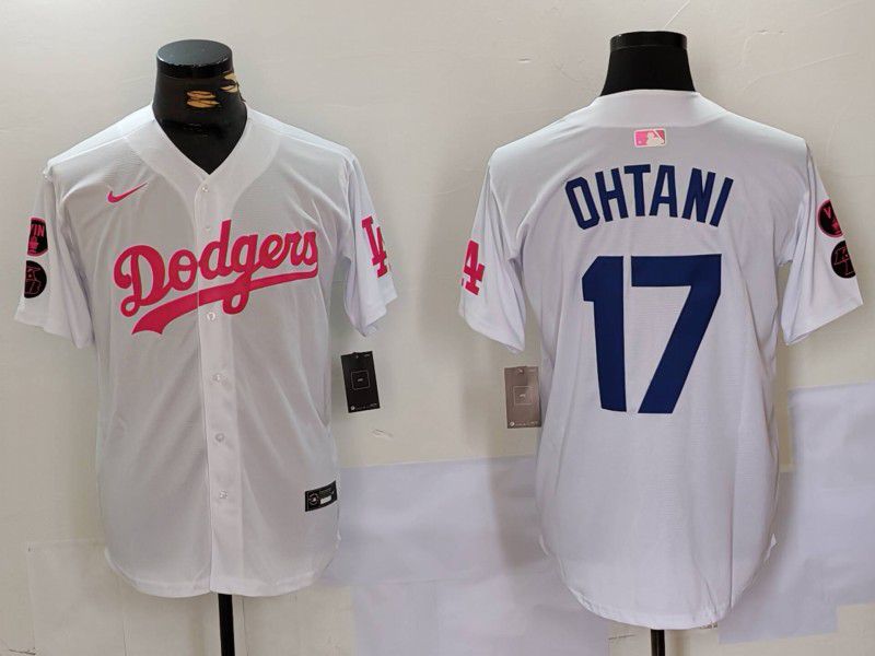 Men Los Angeles Dodgers 17 Ohtani White pink joint name 2024 Nike MLB Jersey style 1
